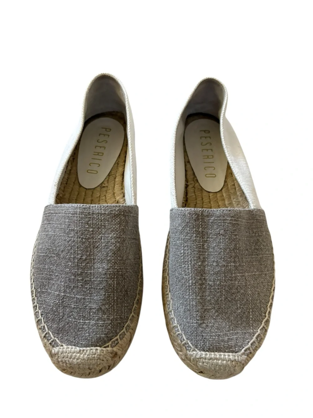 Peserico Linen Canvas Two Tone Espadrilles Flat Shoes Monili Detail Grey White